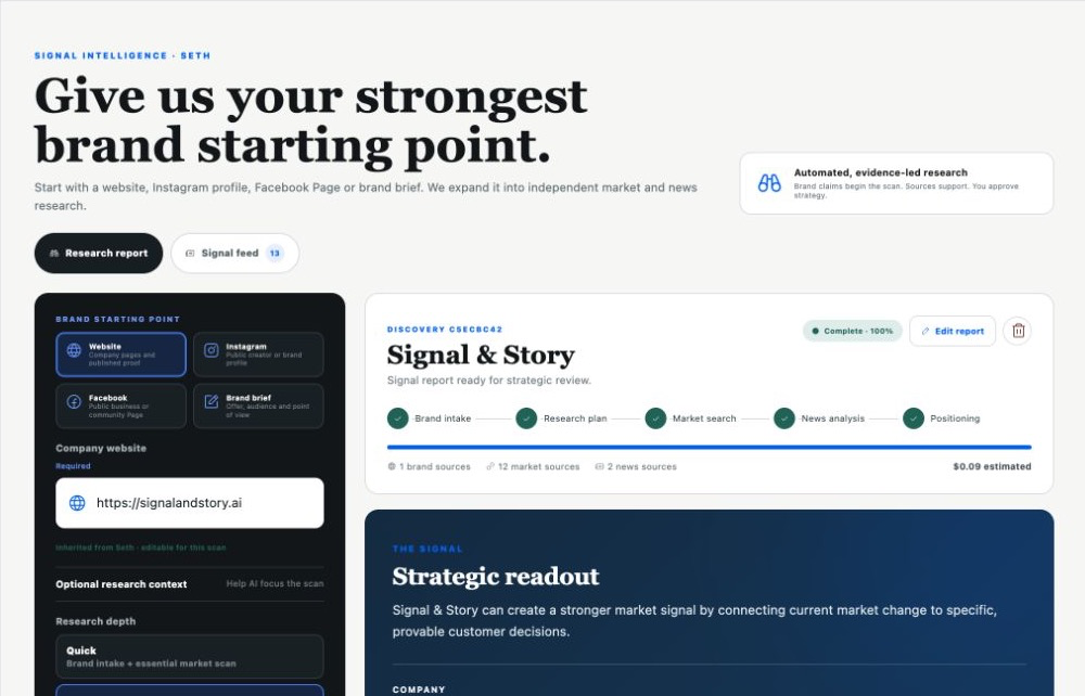 Evidence-led Signal Intelligence report inside the Signal & Story Platform