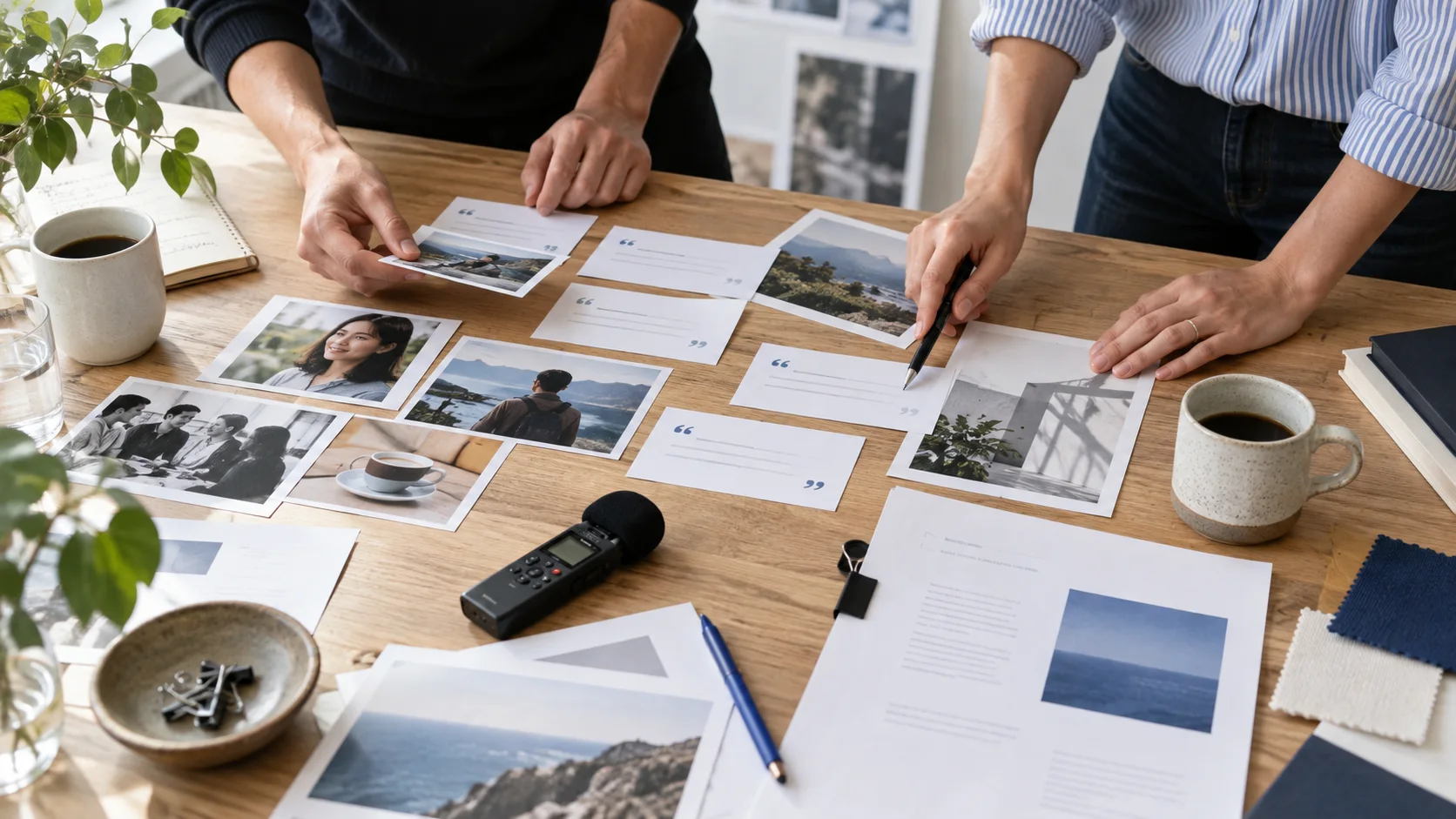 Two marketers reviewing audience interview excerpts, visual references, and a campaign brief around a studio table