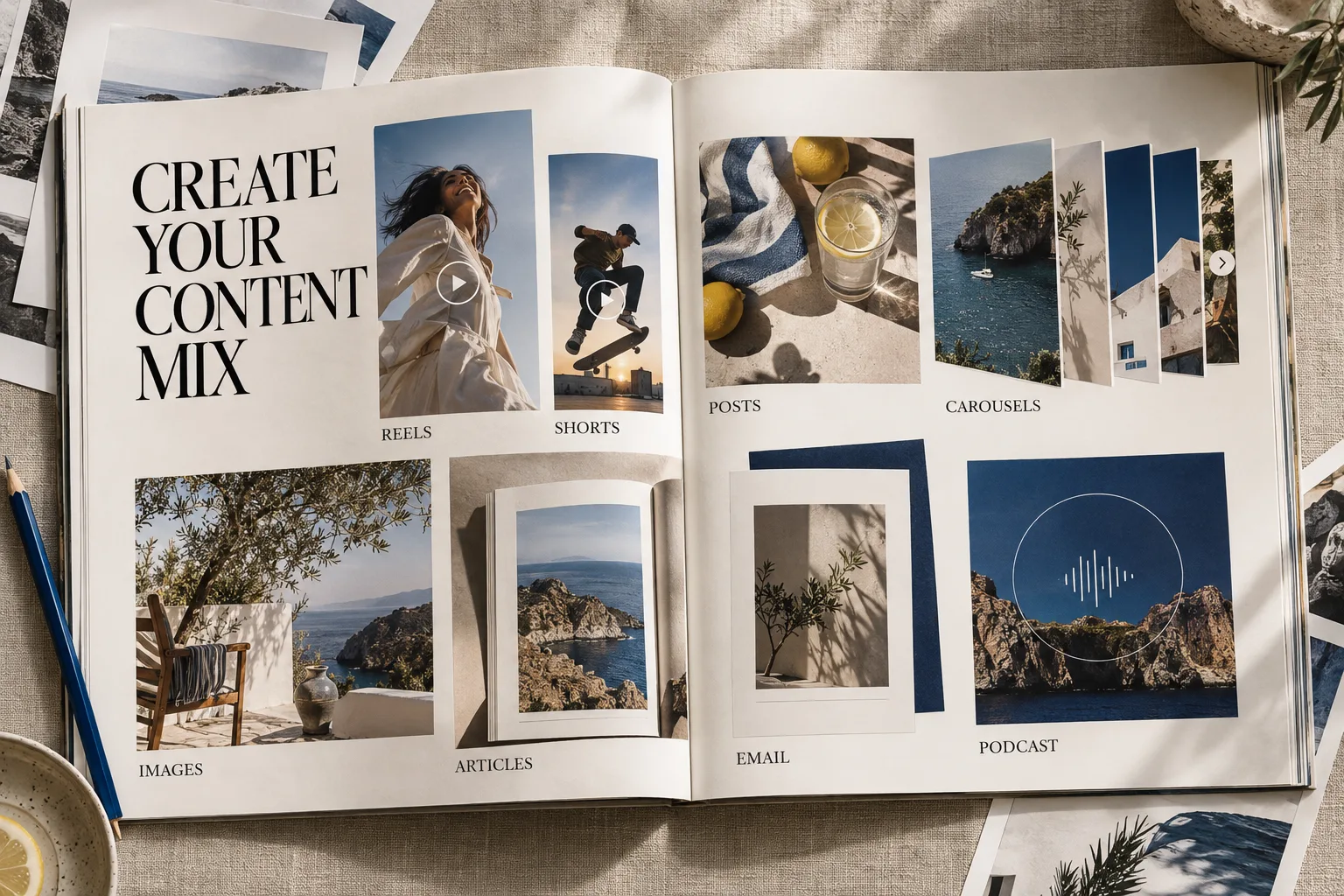An editorial content mix showing Reels, Shorts, posts, carousels, campaign images, articles, email, and podcast formats