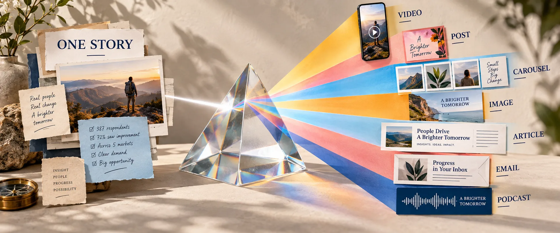 One evidence-led story passing through a creative prism and becoming video, posts, carousels, campaign images, articles, email, and podcast content