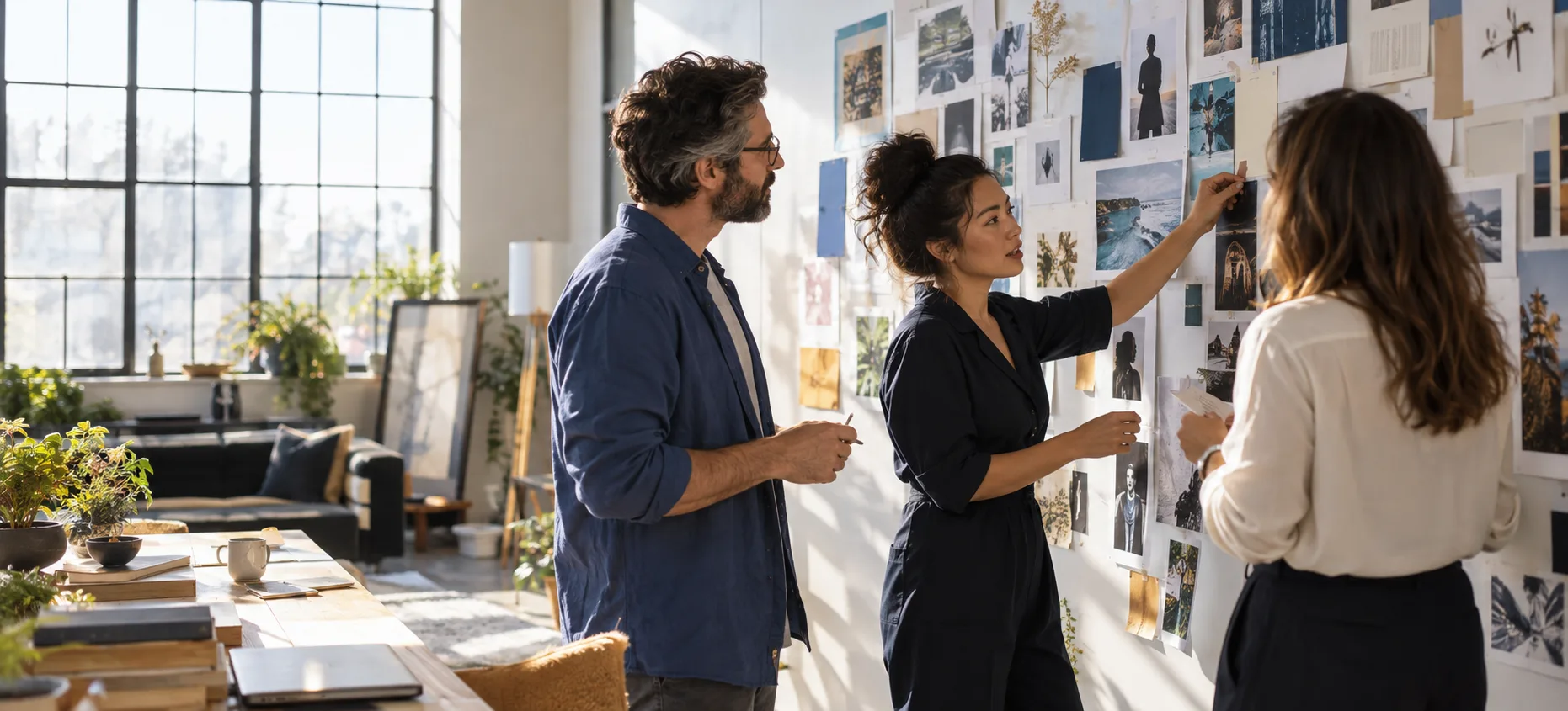 A strategy team shaping a campaign narrative from visual references and story ideas
